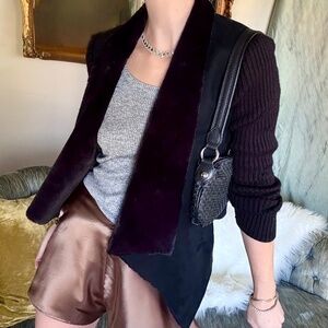 Saks Fifth Avenue Black Faux Fur Coat Womens XS Cozy Knit Cardigan, Faux Suede